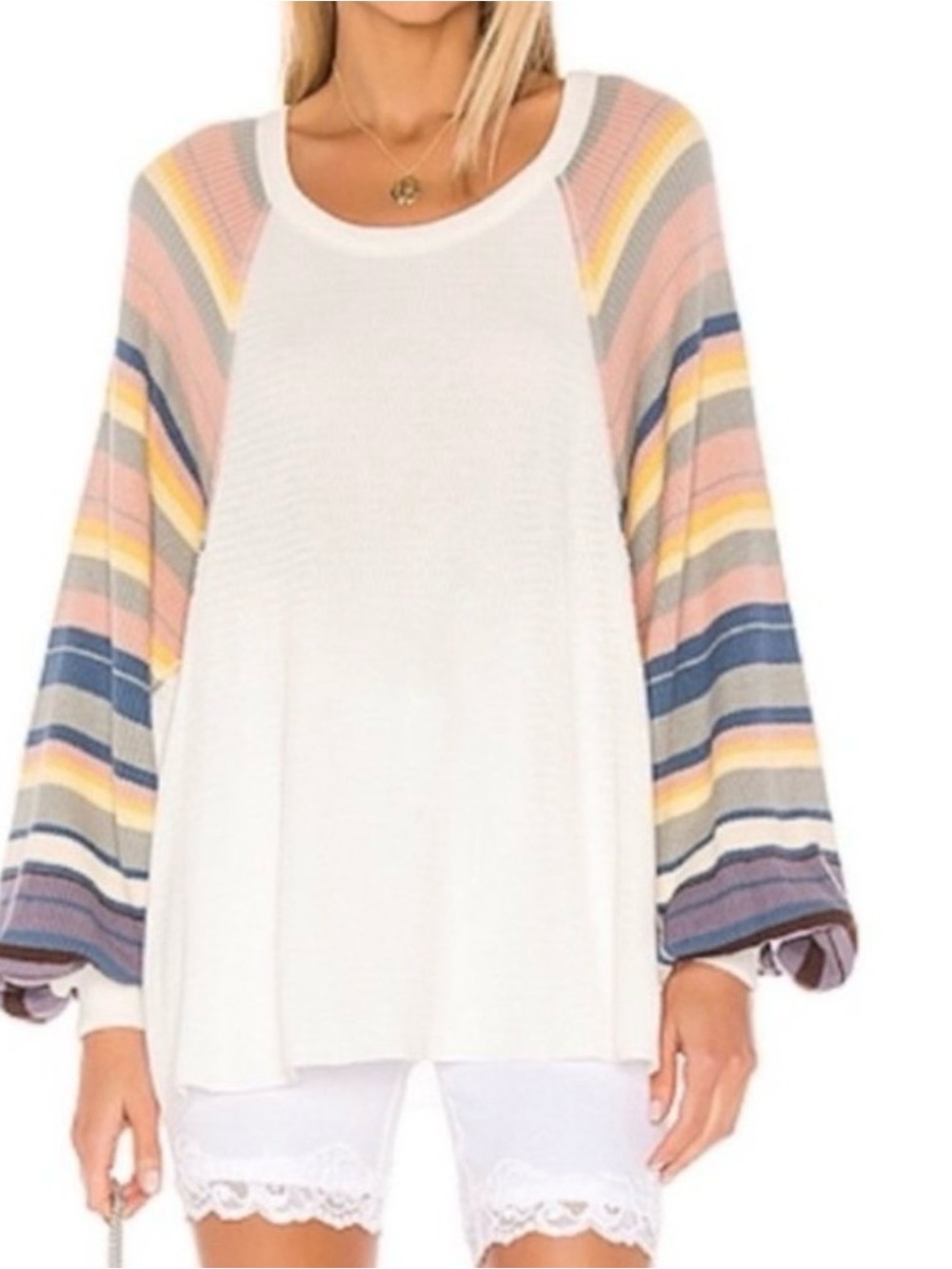We The Free Cream Waffle Crew with Pastel Striped Balloon Sleeves